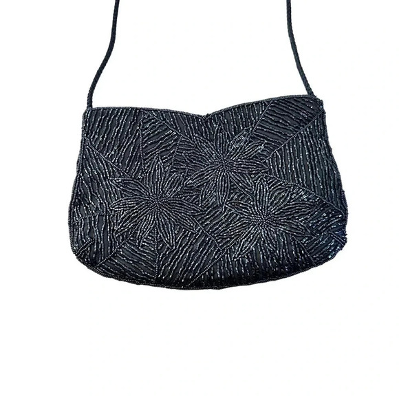 Women's Black Floral Beaded Inner Pocket Fully Lined Purse Handbag - Picture 4 of 5